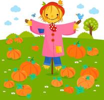 A scarecrow at the farm in a pumpkin patch field. Holiday pumpkin picking on a farm with a cute cartoon garden scarecrow. vector