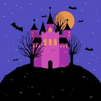 Spooky Halloween background with a scary haunted castle and trees on a hill at night. Spooky tower with scary trees and bats. Trick or treat Halloween party. vector