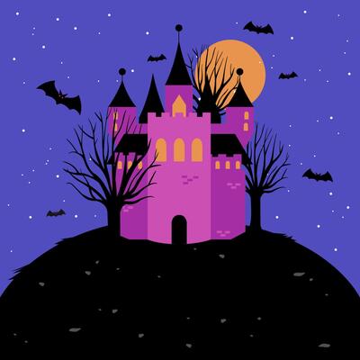 Spooky Halloween background with a scary haunted castle and trees on a hill at night. Spooky tower with scary trees and bats. Trick or treat Halloween party.