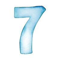 Hand drawn watercolor number 7. Blue painting of the number seven isolated on a white background. vector
