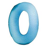 Hand drawn watercolor number 0. Blue painting of the number zero isolated on a white background. vector