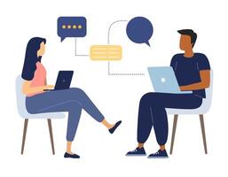 Man and woman work together and discuss their tasks in front of their computers. Communication. Flat style illustration vector
