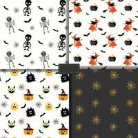 Set of seamless halloween patterns with witch, pumpkin, cauldron, skeletons, monster, cat. Halloween backgrounds vector