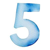 Hand drawn watercolor number 5. Blue painting of the number five isolated on a white background. vector
