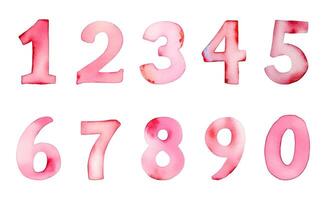 Set of colorful watercolor numbers. Hand painted pink watercolor numbers. Numbers 0-9. vector