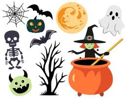 Halloween set witch, pumpkin, ghost, skeleton. Characters and elements for halloween in cartoon style. vector