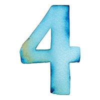 Hand drawn watercolor number 4. Blue painting of the number four isolated on a white background. vector