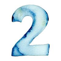 Hand drawn watercolor number 2. Blue painting of the number two isolated on a white background. vector