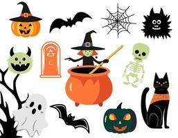 Set of elements for halloween in cartoon style. Halloween set witch, pumpkins, ghosts, skeleton. vector