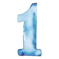 Hand drawn watercolor number 1. Blue painting of the number one isolated on a white background. vector