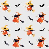 Halloween pattern with witch on a broom. Halloween background, seamless pattern. Orange witch flying on broom vector