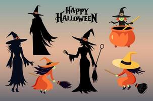set of witches. Silhouette of a witch, cartoon witch. Witchcraft. Witch on a broom. Halloween concept vector