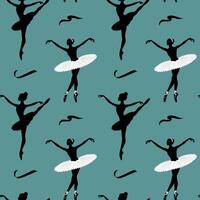 Seamless pattern with silhouettes of ballerinas on a turquoise background. Ballerinas in a tutu. Dance background. Ballet dancing vector