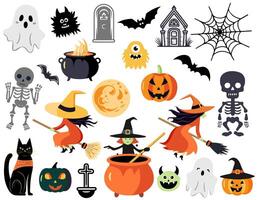 Halloween set witch, pumpkins, ghosts, monster, skeleton. Characters and elements for halloween in cartoon style. vector