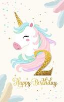 Happy birthday card with cute unicorn and number two. Gentle unicorn Birthday template, greeting card, invitation vector