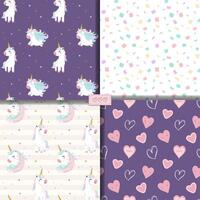 Set of unicorn wallpapers. Seamless patterns with unicorns, confetti, hearts. Gentle backgrounds in pastel colors. vector