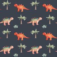 Seamless pattern with watercolor dinosaurs on dark background vector
