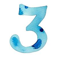 Hand drawn watercolor number 3. Blue painting of the number three isolated on a white background. vector
