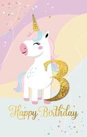Happy birthday card with cute unicorn and number three. Gentle unicorn Birthday template, greeting card, invitation vector