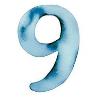 Hand drawn watercolor number 9. Blue painting of the number nine isolated on a white background. vector