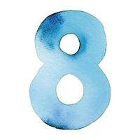 Hand drawn watercolor number 8. Blue painting of the number eight isolated on a white background. vector