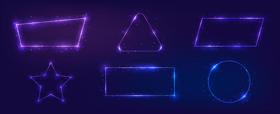 Set of six neon frames with shining effects