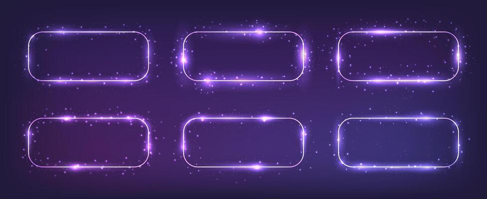 Set of six neon frames with shining effects