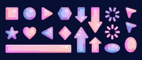 Glossy buttons and shapes, arrows and abstract symbols. Graphic design stickers and decorations. illustration set. vector