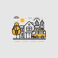 illustration of a city with a bus and a tram vector