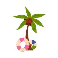 Tropical palm tree with coconuts. Lifebuoy and ball under the palm tree. Summer holiday on the beach. Flat style illustration. vector