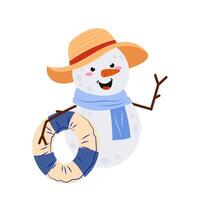 Snowman. Cute snowman with life preserver and straw hat. Summer Christmas. Snowman is having a holiday at the sea. Flat style illustration on white background. vector