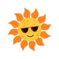 Sun in sunglasses on a white background. Funny sun face icon. Summer recreation, travelling. Summer vibe. Flat style illustration. vector