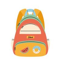 School bag. Kids backpack with donut and watermelon in flat style on white background. vector