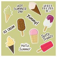A collection of ice cream stickers with inscriptions. A set of delicious and bright ice cream. Frozen ice, waffle cup, popsicle on a stick, chocolate, pistachio ice cream. vector