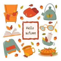 cozy autumn set, for a great autumn mood. An armchair with knitting, reading glasses, a book, a cup of hot tea, a kettle, an open book, a candle, slippers, a delicious pie, a cozy sweater and a frame vector