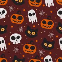 Halloween seamless pattern with ghost, pumpkin, skull, and cat perfect for wrapping paper. Cute Halloween pattern illustration vector