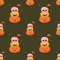 Pumpkins and skull seamless pattern on dark background vector