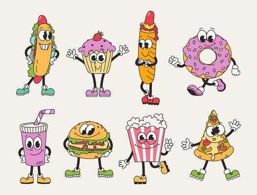 Retro groovy set of fast food and sweets characters. Funny vintage mascots. Junk food, desserts. Cartoon illustration