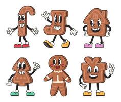 Groovy gingerbread set in trendy retro cartoon style. Cool groovy christmas. Group of mascot stickers, characters vector