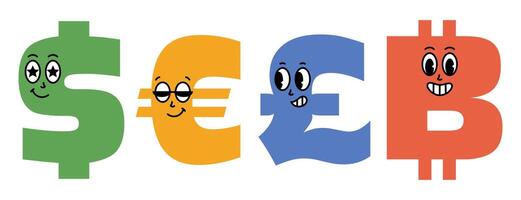 Groovy dollar, euro, pound and bitcoin cartoon characters set. Funny retro money mascots with face emotions. Fun monetary stickers. Comic elements in trendy retro style. illustration vector