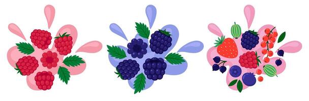 Berries set on abstract background. Raspberry, blackberry and other berry taste. Fresh summer juicy berry. Flat illustration vector
