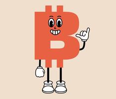 Groovy bitcoin cartoon character. Funny retro digital money mascot with face emotion, hands and legs. Fun cryptocurrency sticker. Comic element in trendy retro style. illustration vector