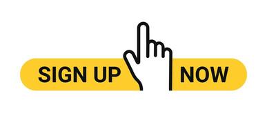 Sign up yellow square button with finger pointer. icon vector