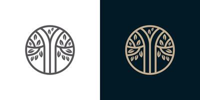 Tree in the round circle line icon logo . Tree leaf life concept logo vector