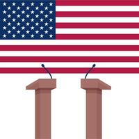 Two stands with a microphone against the background of the US flag. Election debate concept. Flat illustration vector