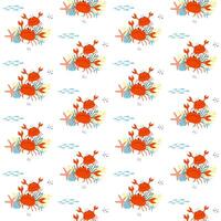 Seamless minimalist cartoon summer pattern, sea or ocean concept with cute couple of crabs surrounded corals, fishes, shells and bubbles. vector