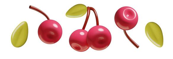 Cherries 3d elements set realistic three dimensional berries with leaves vector