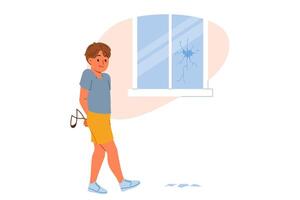Hooligan boy broke window with slingshot and is afraid of punishment from parents for bad behavior vector