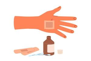 Patch on palm and medicinal ointment in glass bottle help stop bleeding and avoid blood poisoning vector