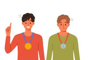 Winner and loser with medals for first and second place around necks experience different emotions vector